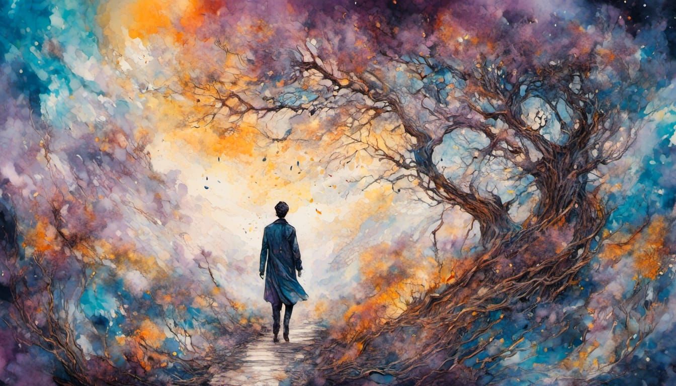 Surreal Pathway with Melting Clocks in Watercolor