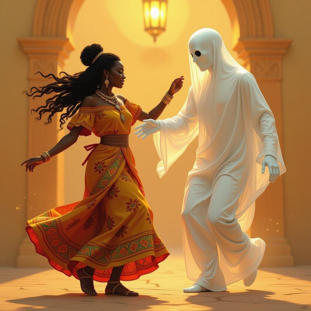 Woman Dancing with Ghost in Ethereal Realism