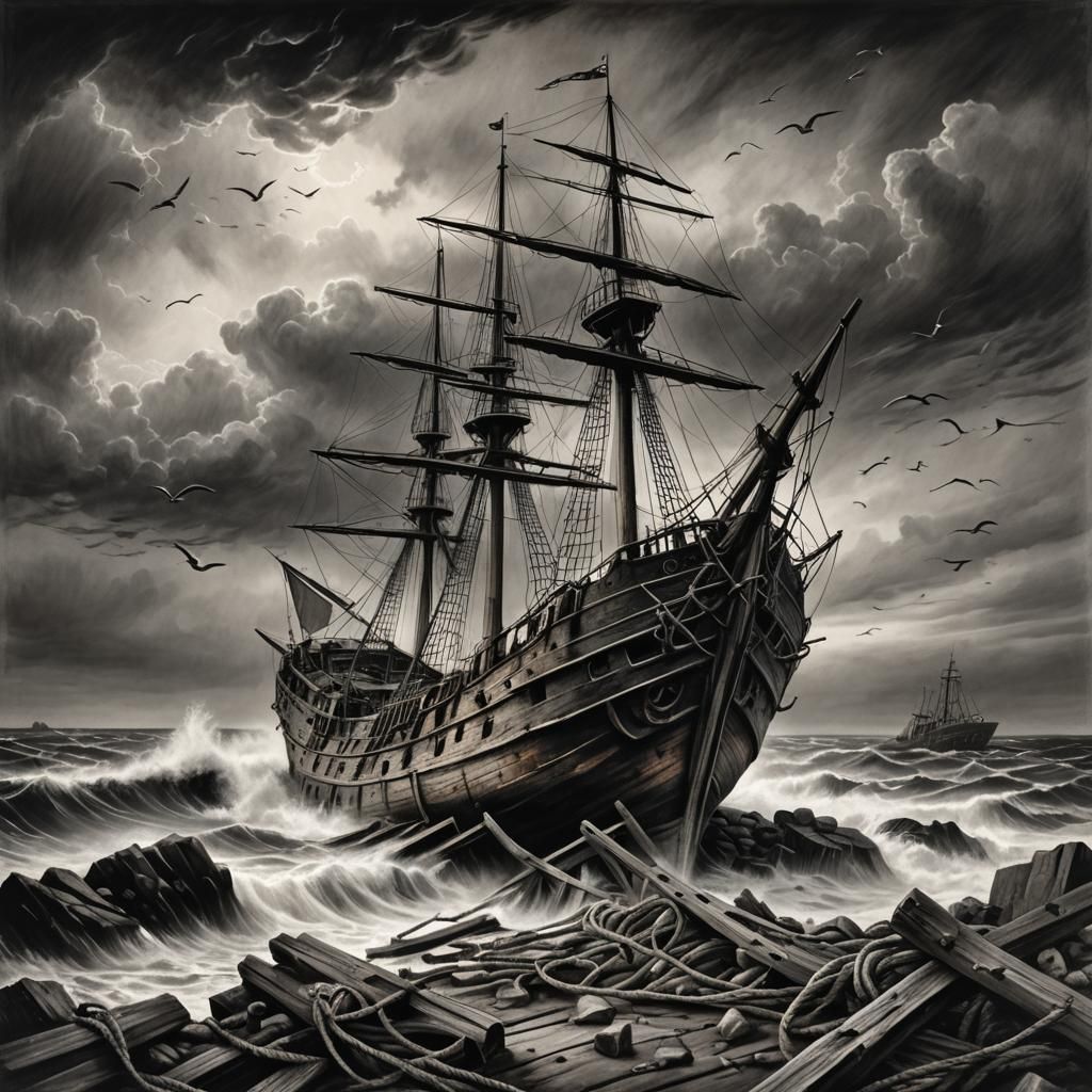 Old Ship Wreckage on Rocky Shores: Charcoal Drawing