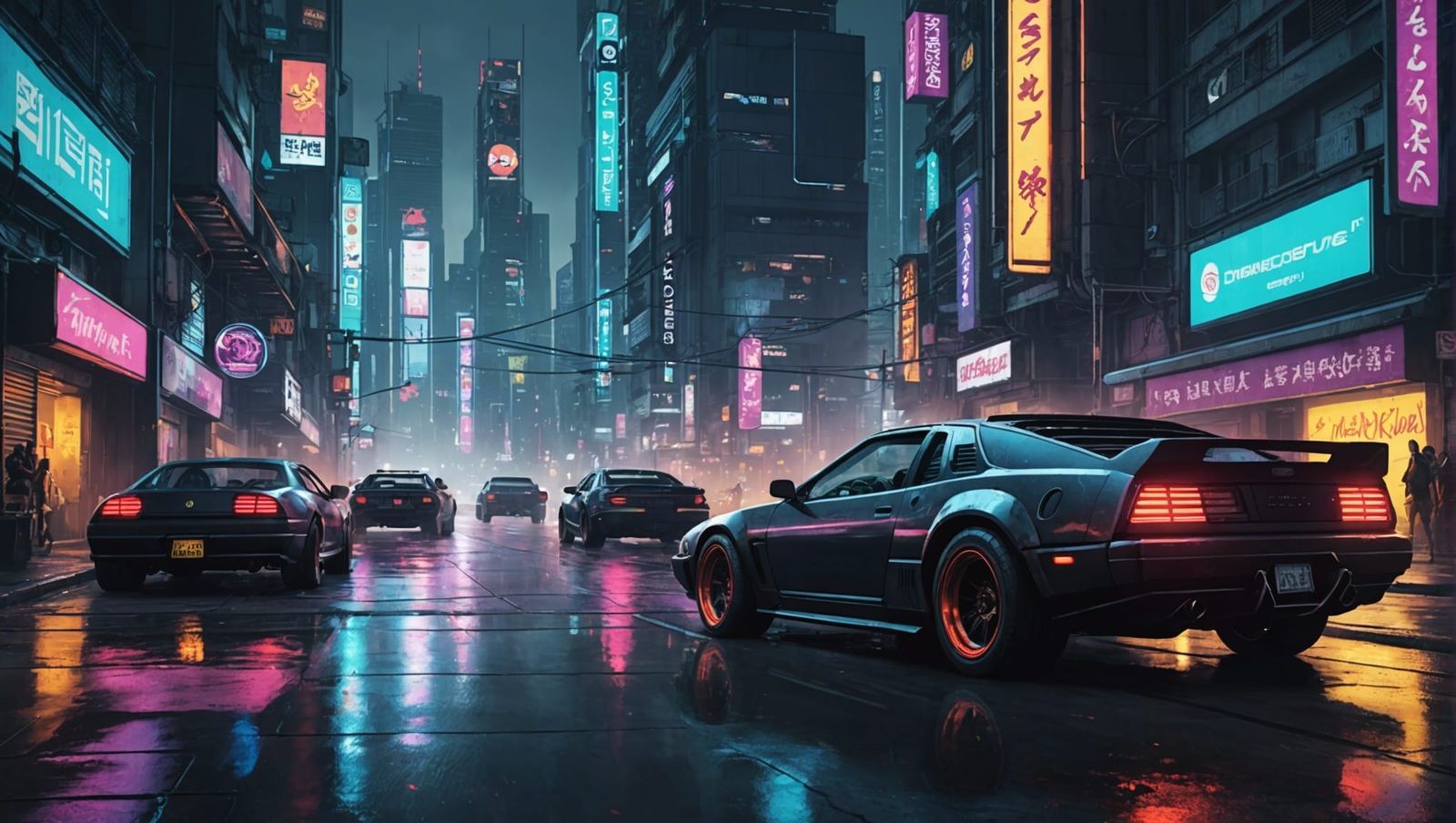 Cyberpunk Cityscape with Fast Cars and Figures