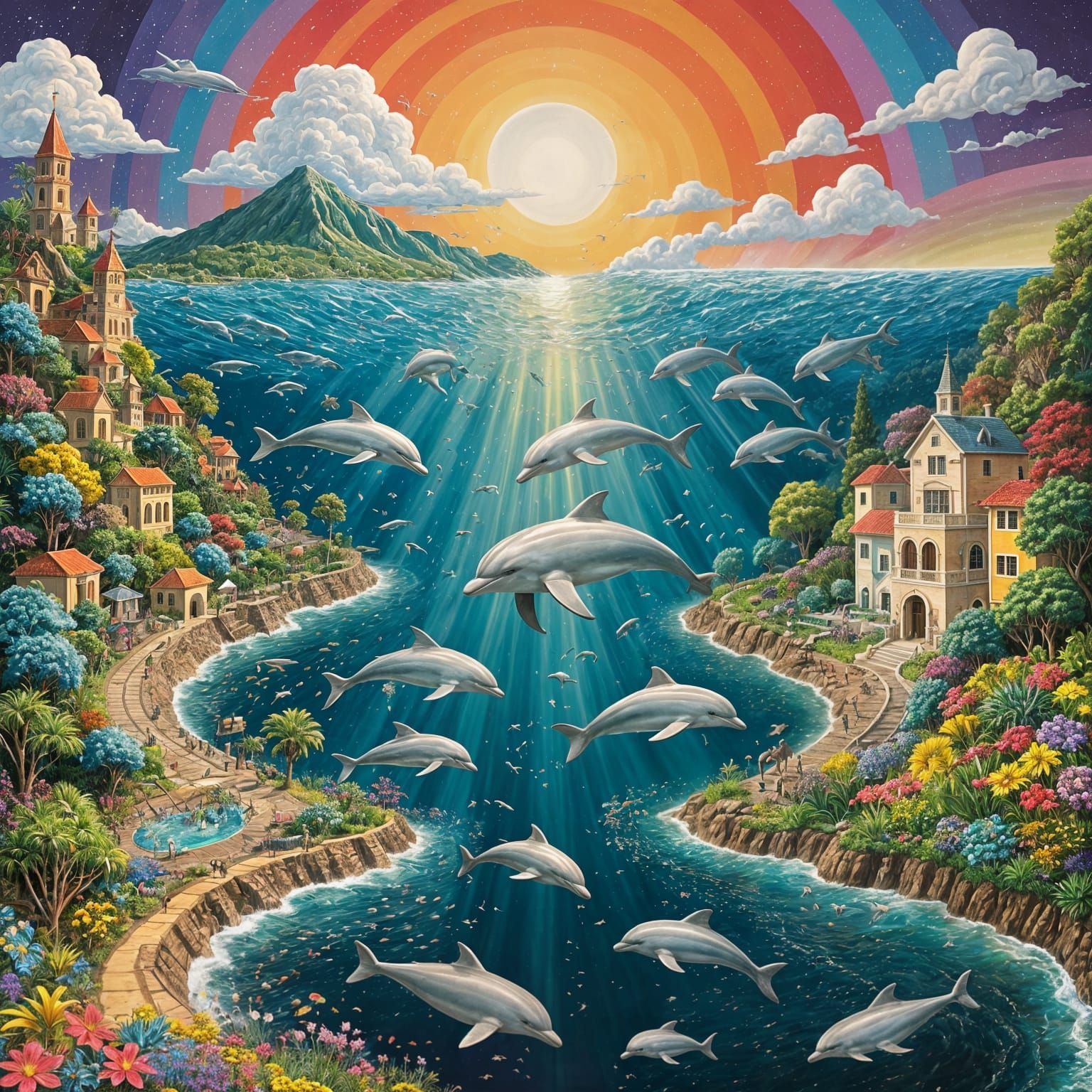 Dolphins in Vibrant Rainbow Harmony