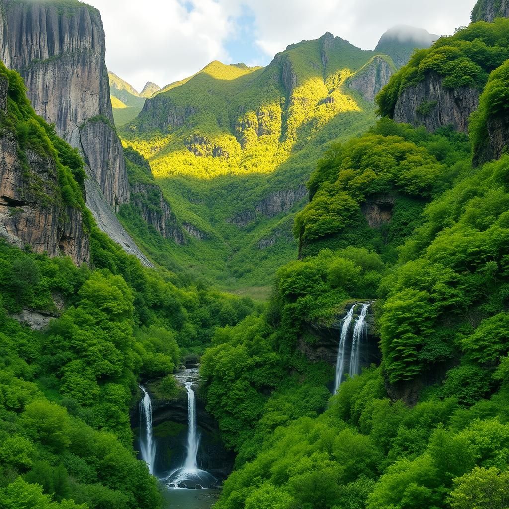 Lush Green Mountains and Waterfalls Landscape