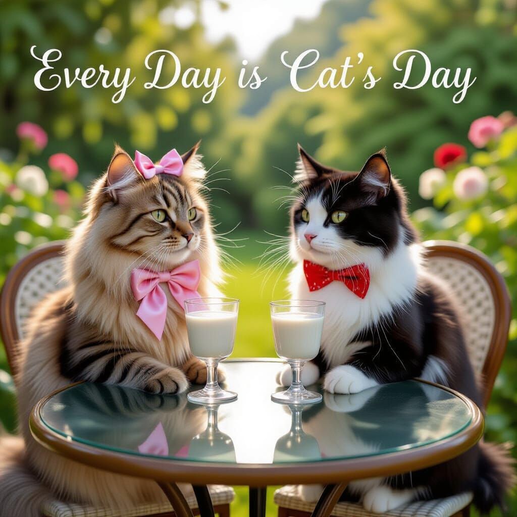 Cats' Tea Party in Garden, Whimsical Art Style