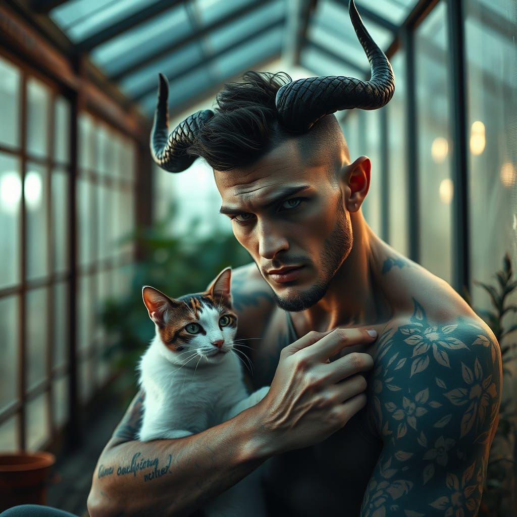 Handsome Alien Petting Cat in Greenhouse