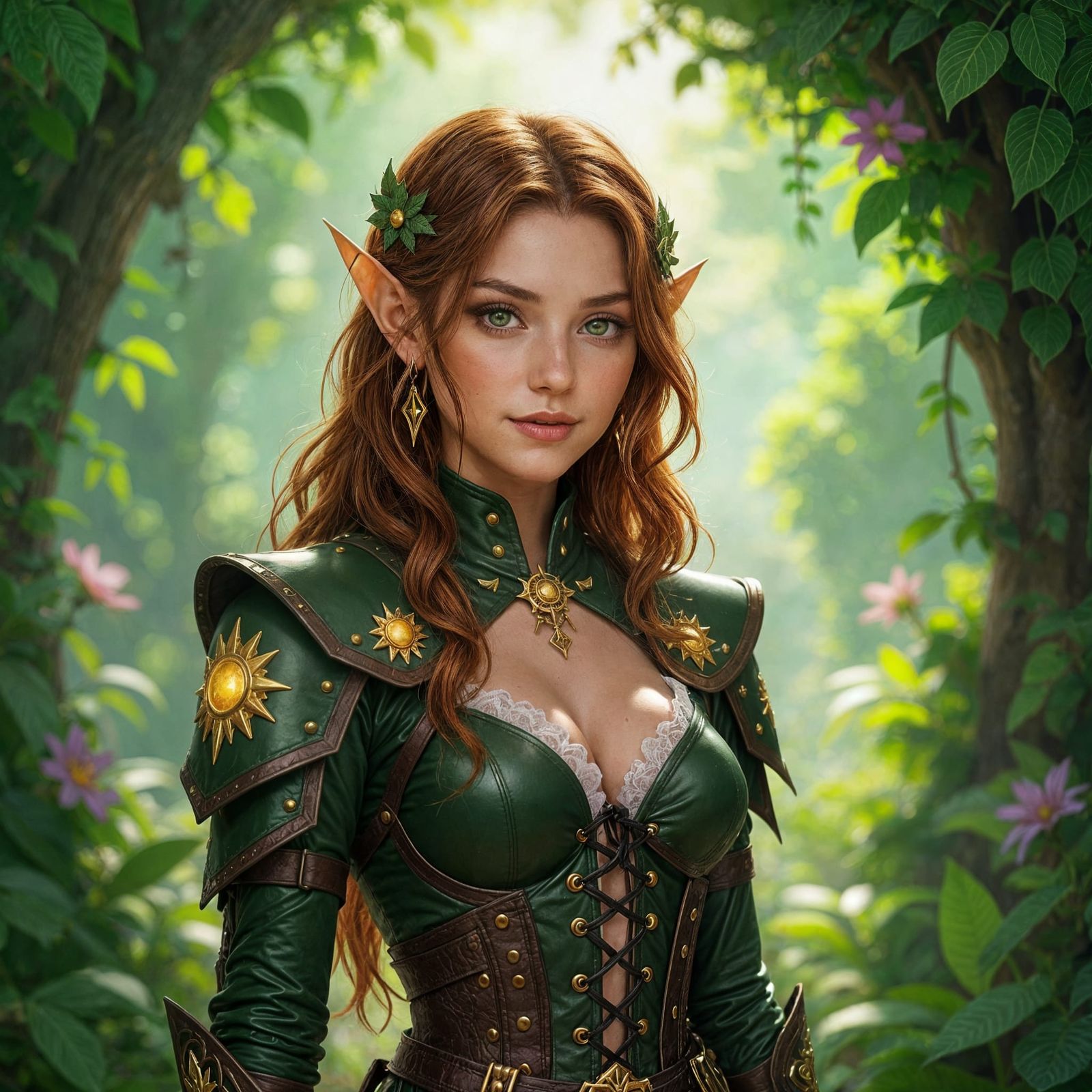 Elven Warlock in Faery Garden with Golden Sun Armor
