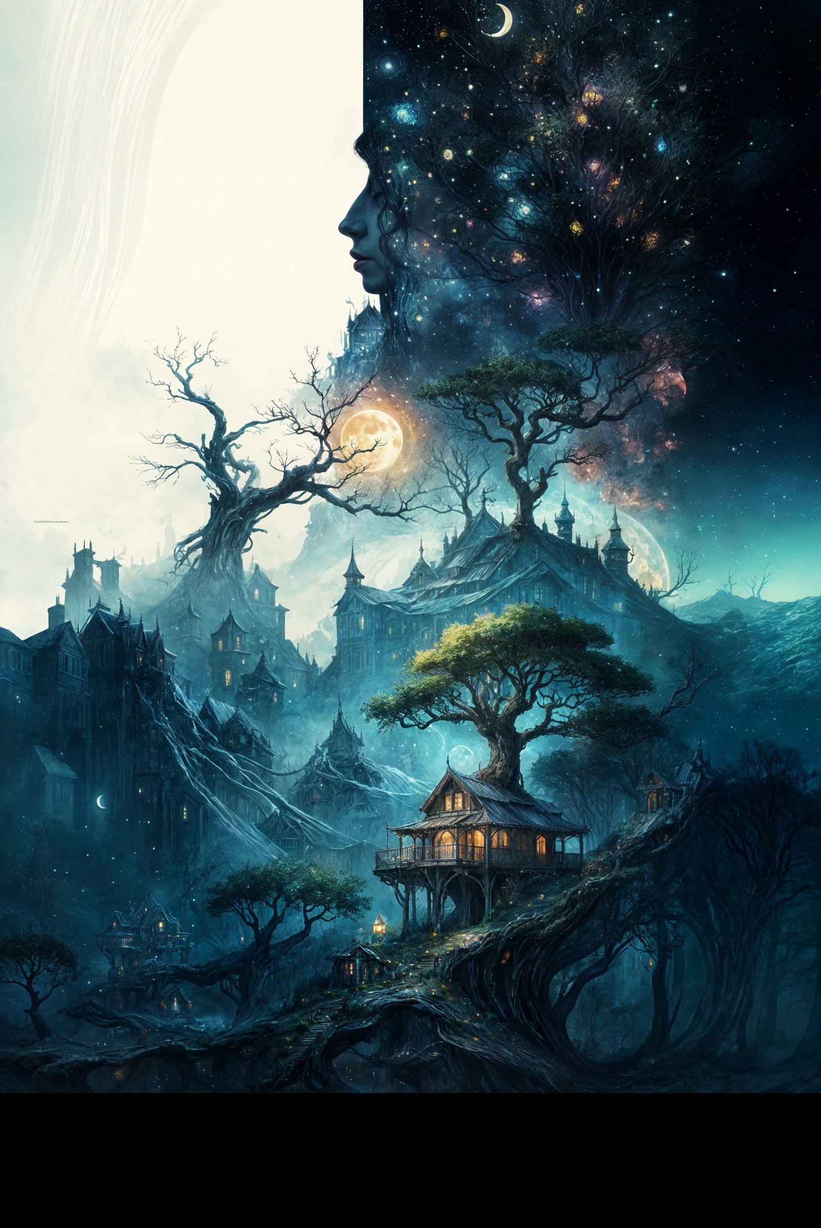 Fantasycore Houses in Flowering Yggdrasil Under Starry Sky