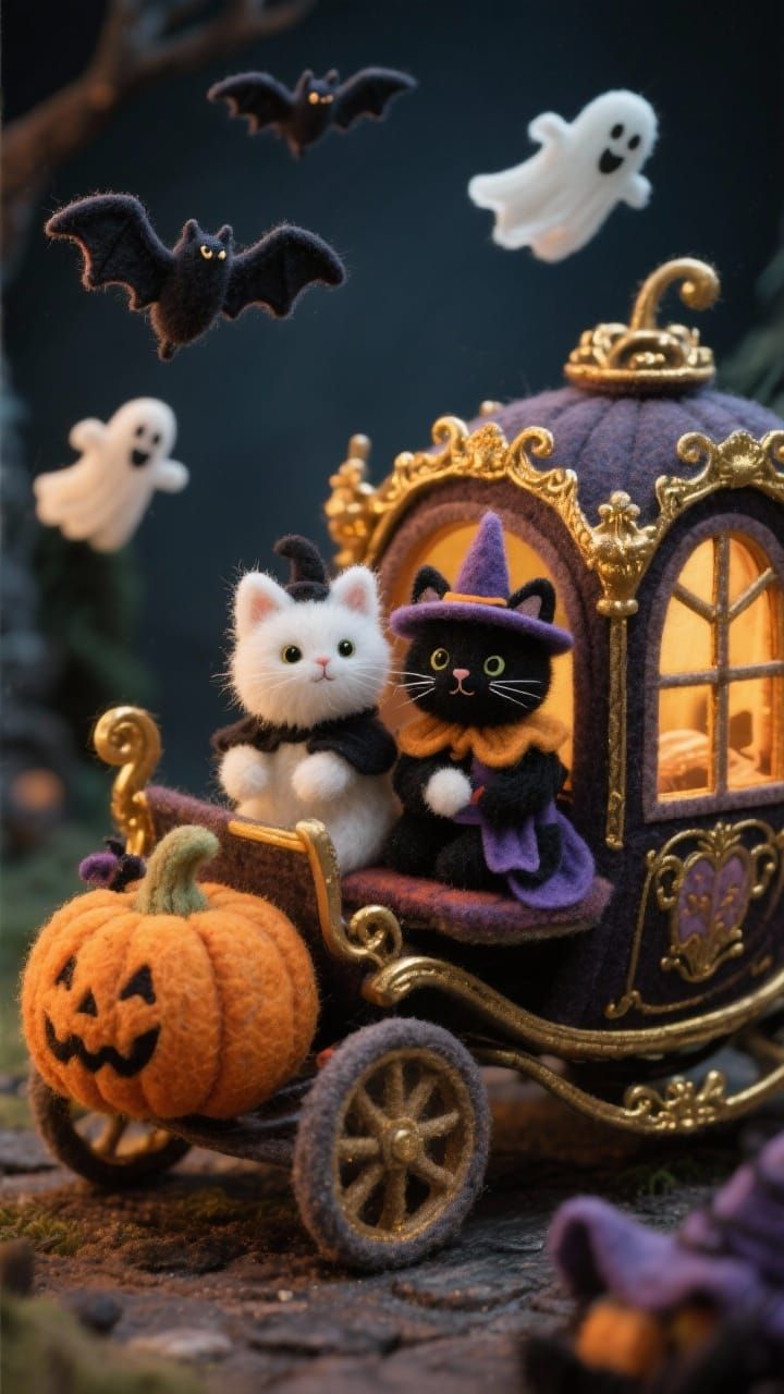 Cute Cats in Witch Outfits on Pumpkin Carriage