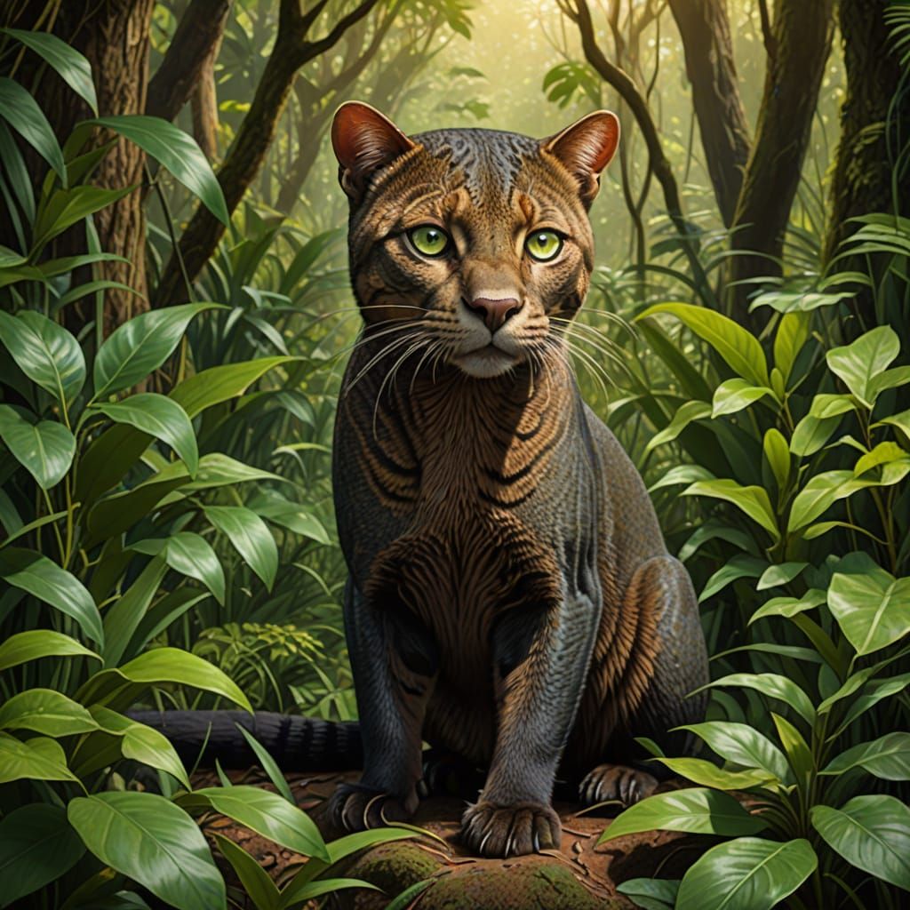 Jaguarundi in Dense Vegetation: Hyperrealistic Digital Art