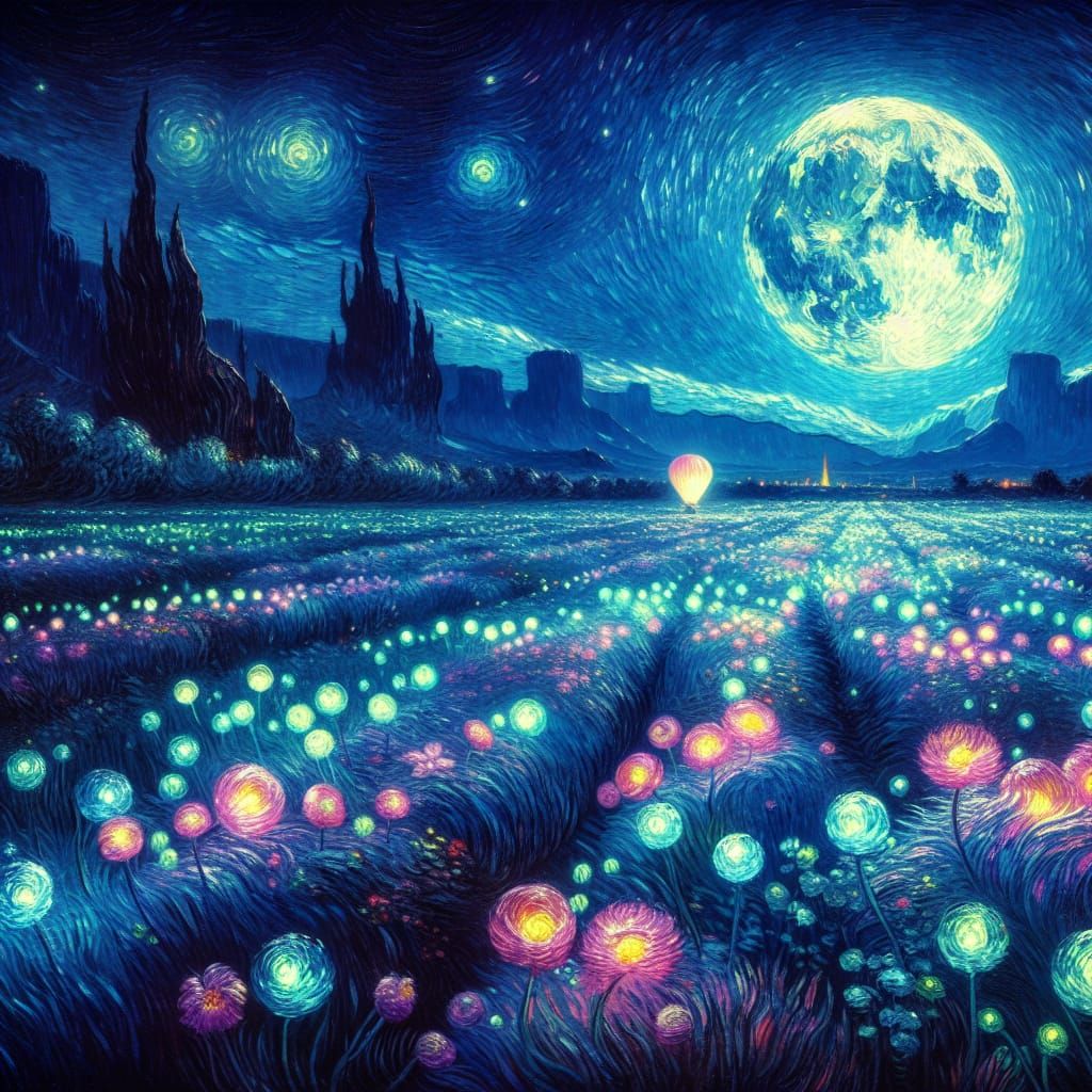 Bioluminescent Flower Field at Night in Impasto Style
