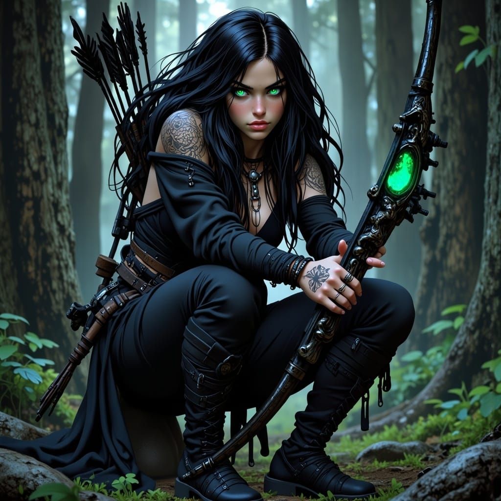 Female Archer in Shadowed Forest, Anime Style