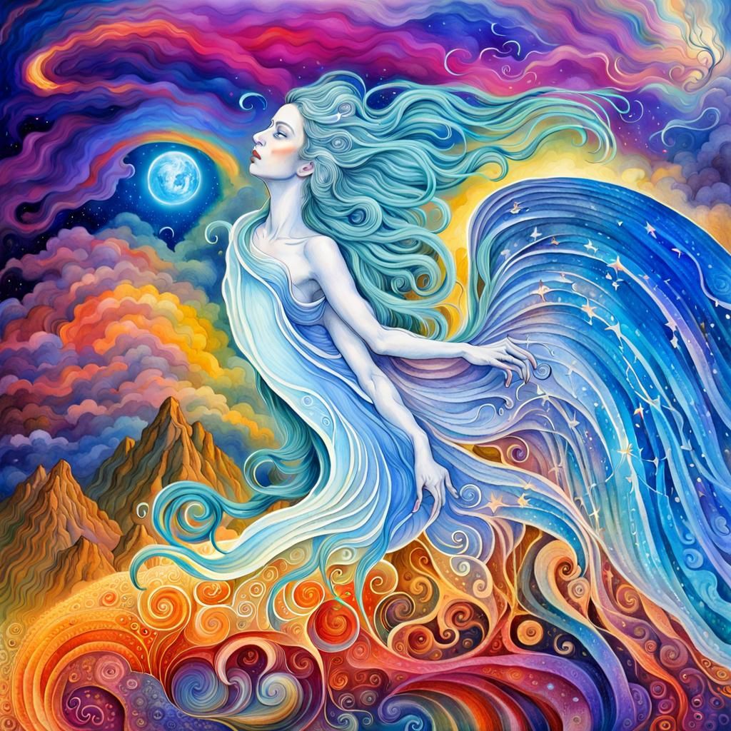 Winged Goddess in Motion: Watercolor Art