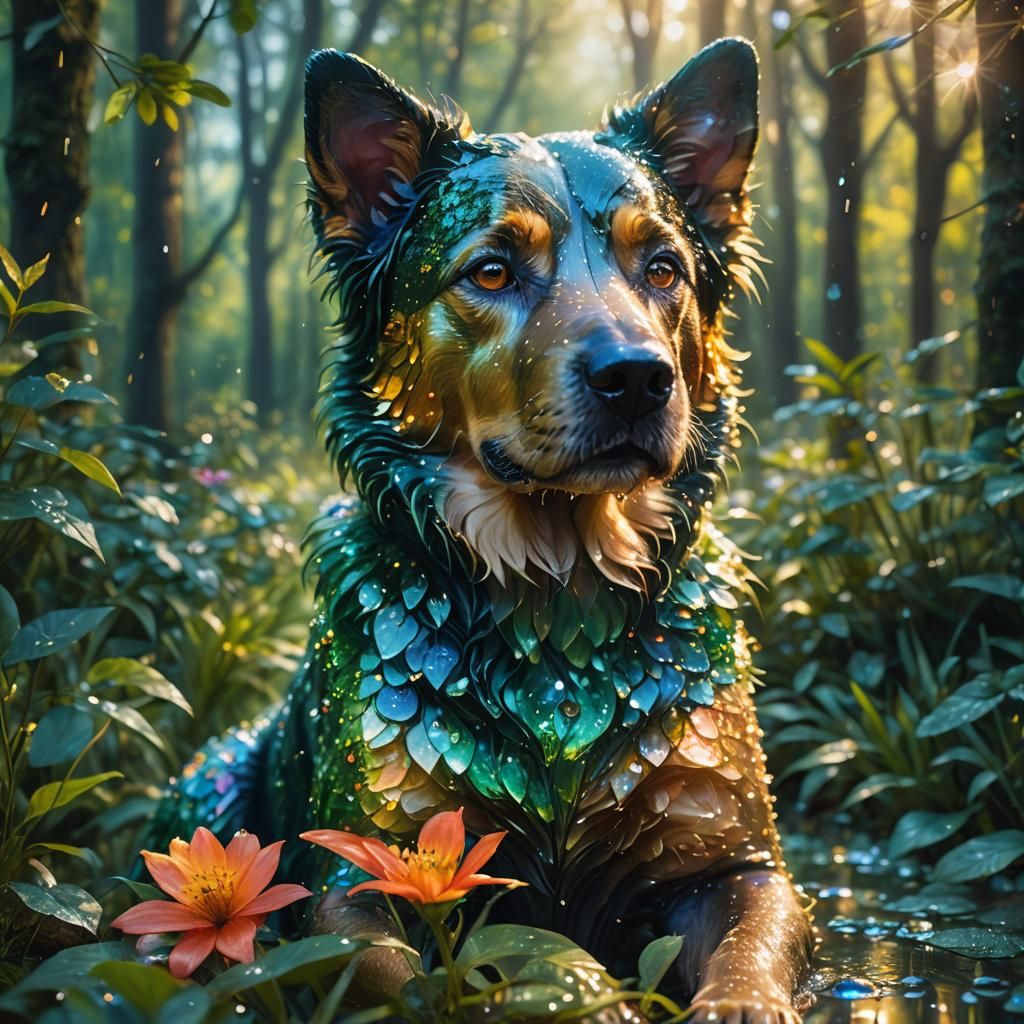 Glass Dog Portrait in Lush Forest: Matte Painting