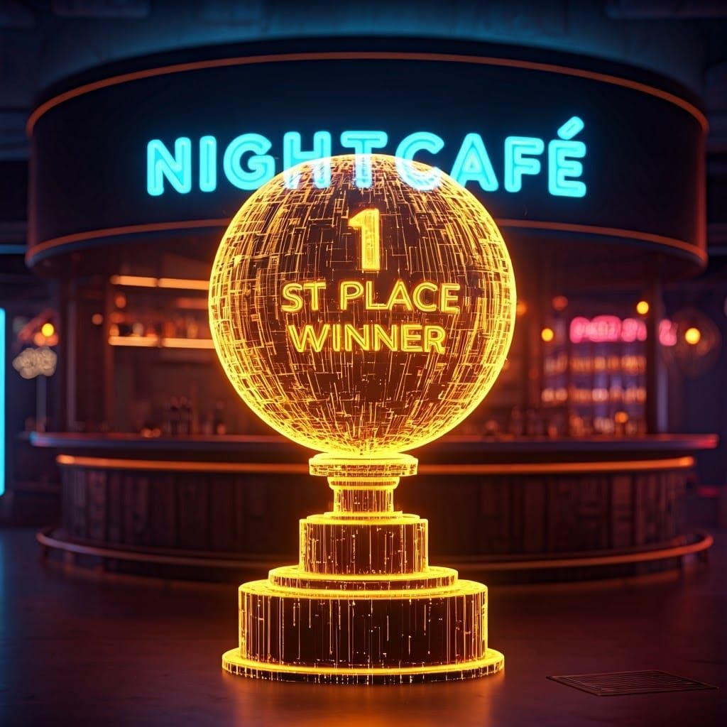 Golden Hologram Trophy Shimmers in Cyberpunk Cafe