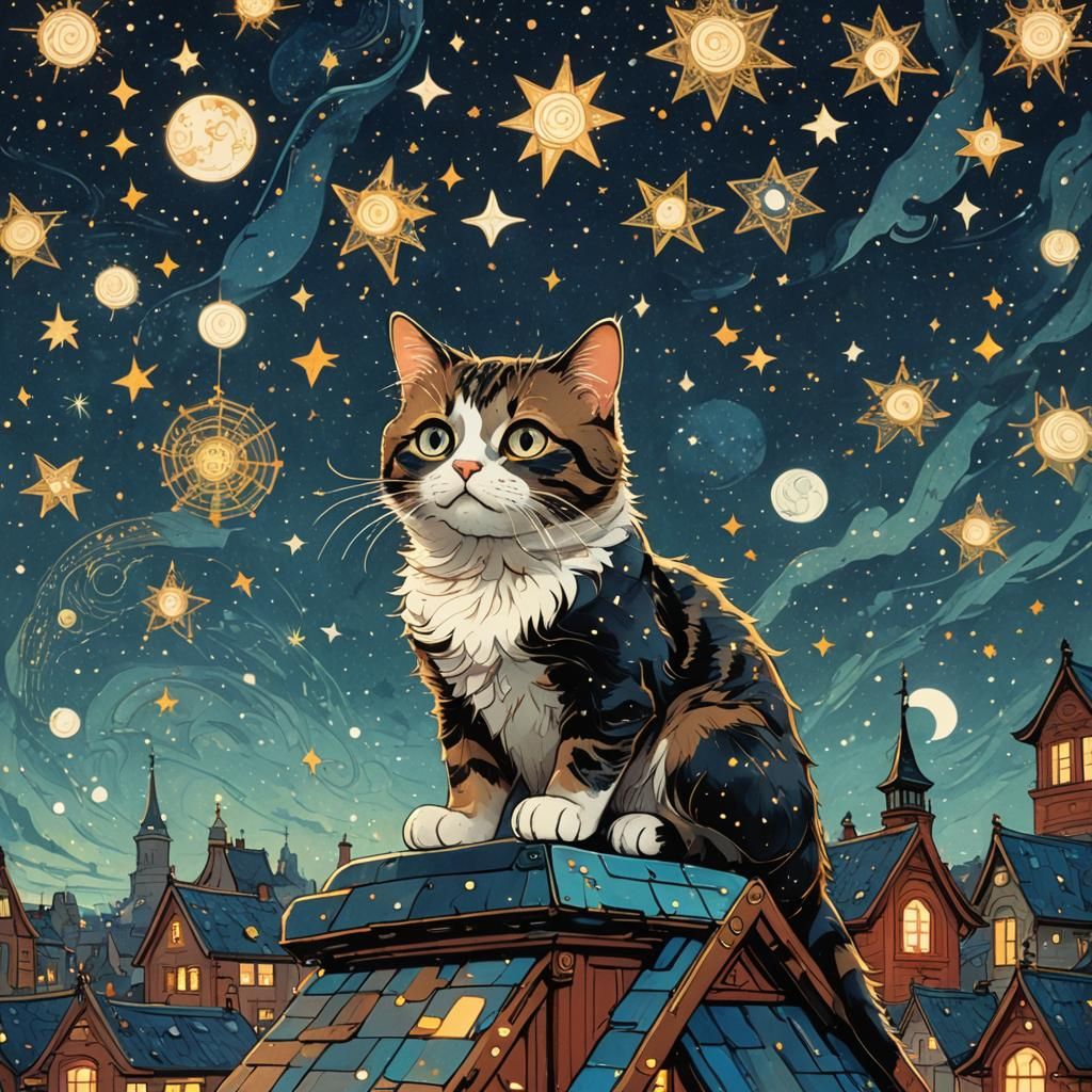 Cute Cat on Starry Roof in Vibrant Colors