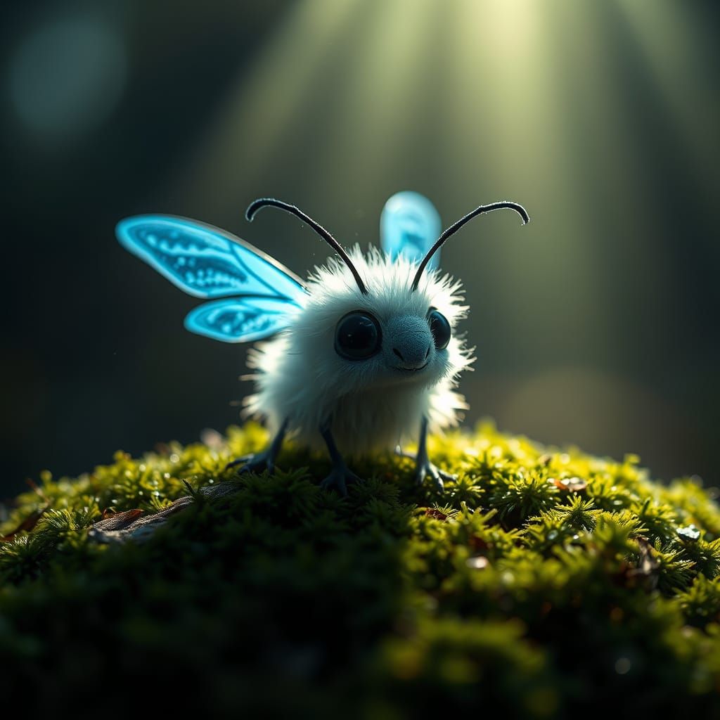 Fluffy Creature with Blue Wings in Enchanted Forest