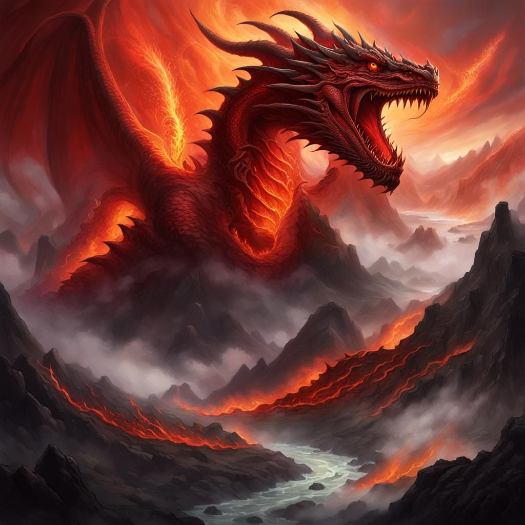 Dragon Emerges from Fiery Volcano Depths