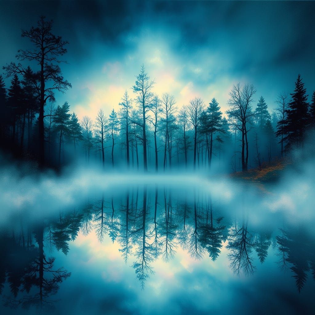 Surreal Inverted Forest Reflection in Mist