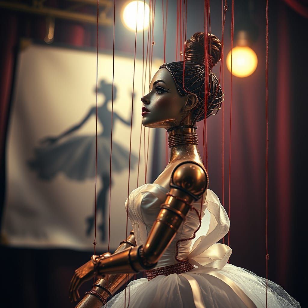 Copper Marionette Ballerina in Dreamlike Scene