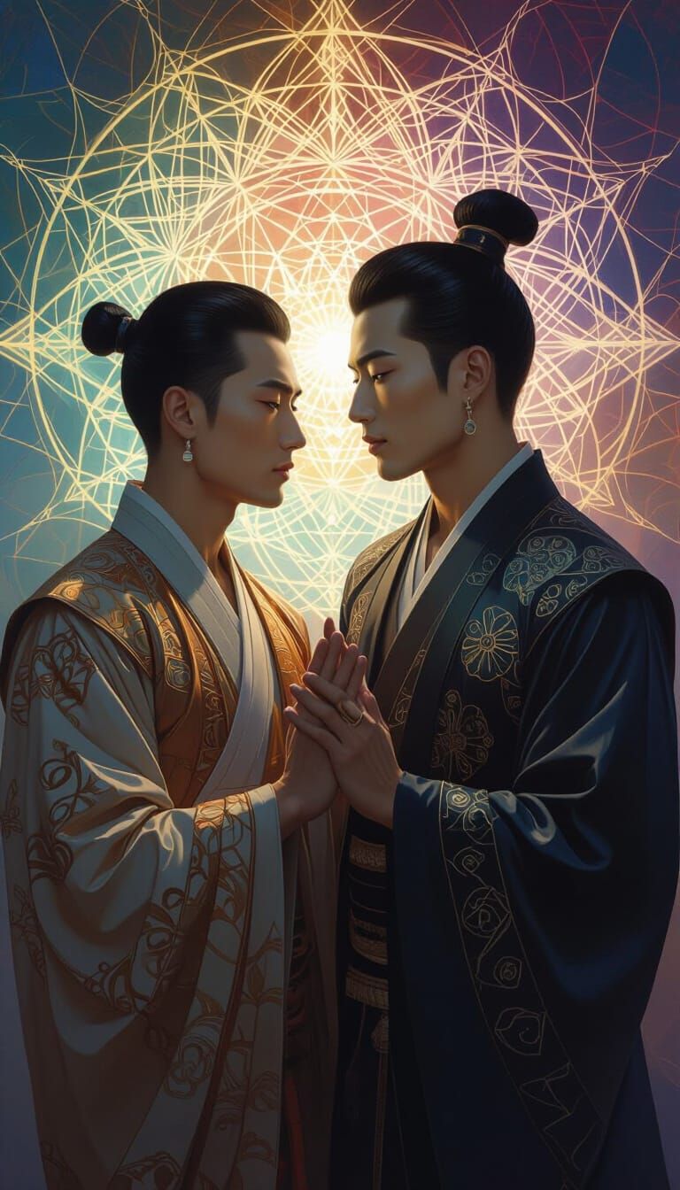 Sacred Geometry Art: East Asian Men in Ethereal Light