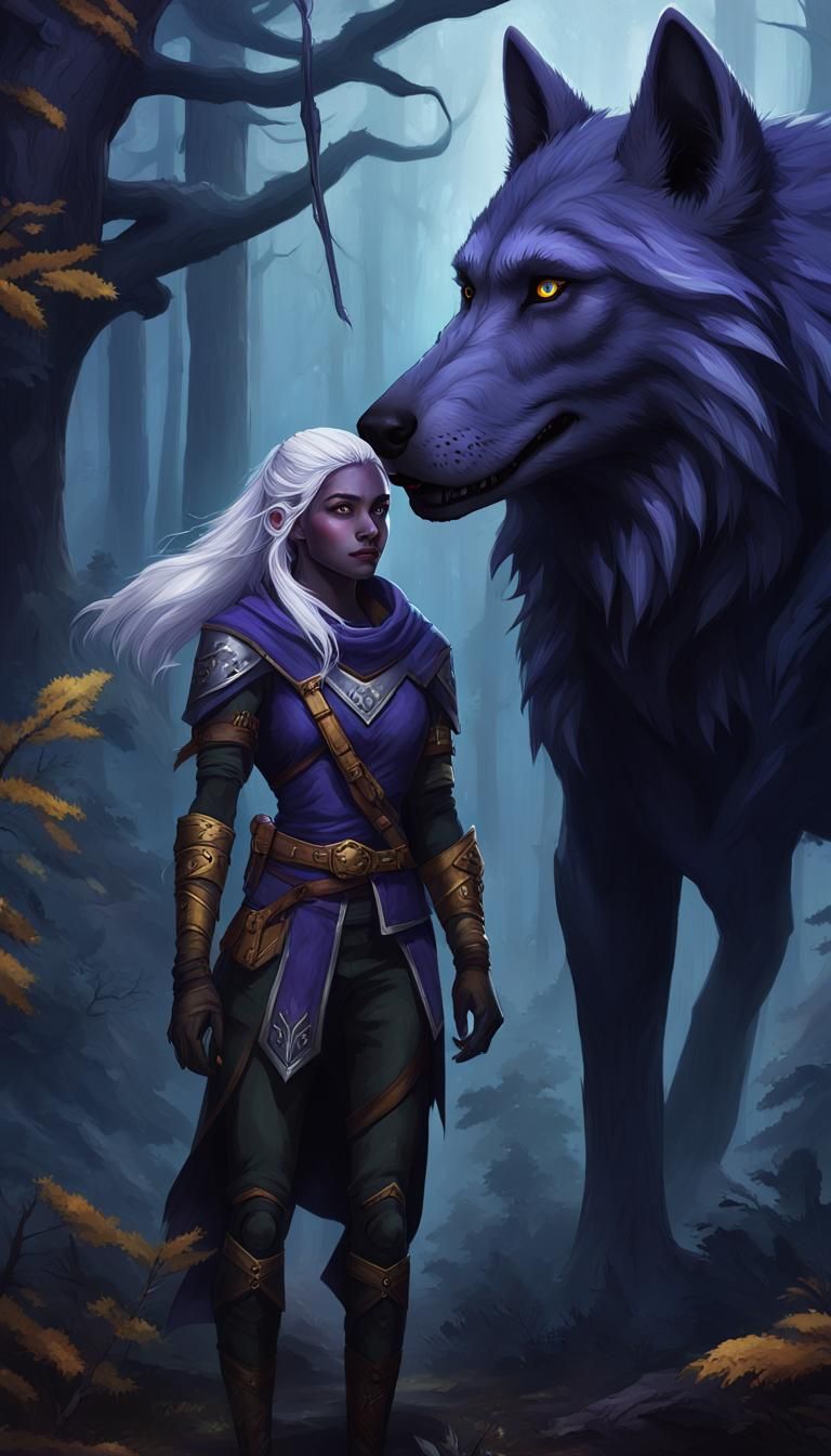 Drow Ranger and Dire Wolf in Dark Forest