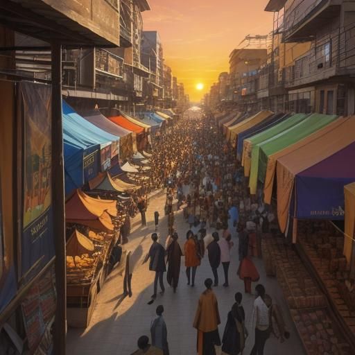 Vibrant African City Market at Sunset in Digital Painting