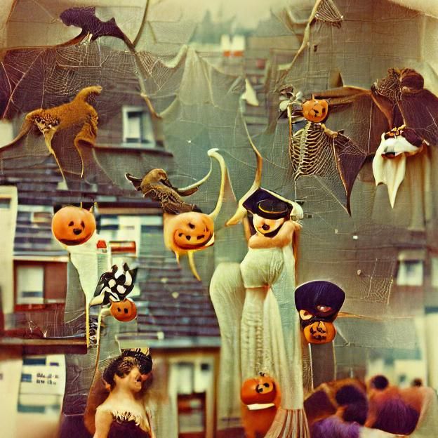 Vintage Halloween Scene with Classic Costumes