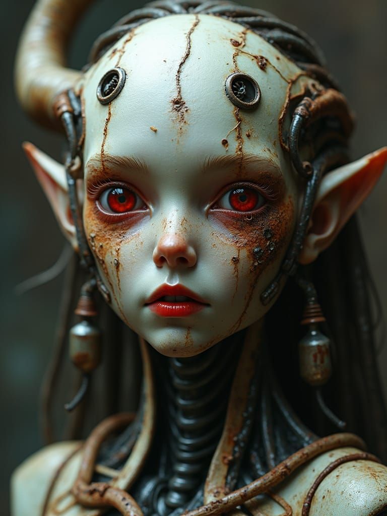 Eerie Cyborg Elf Portrait in Giger Style