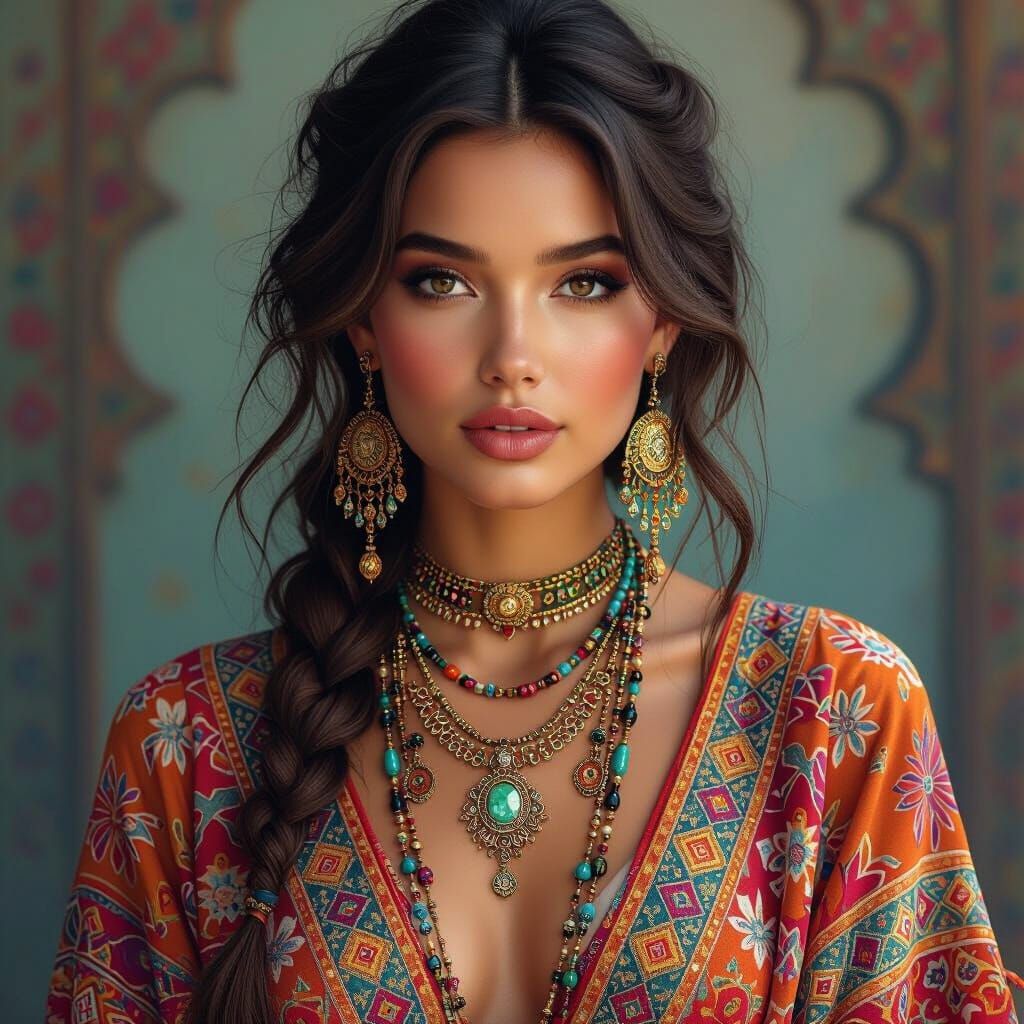 Hyperrealistic Portrait of a Woman in Bohemian Jewelry