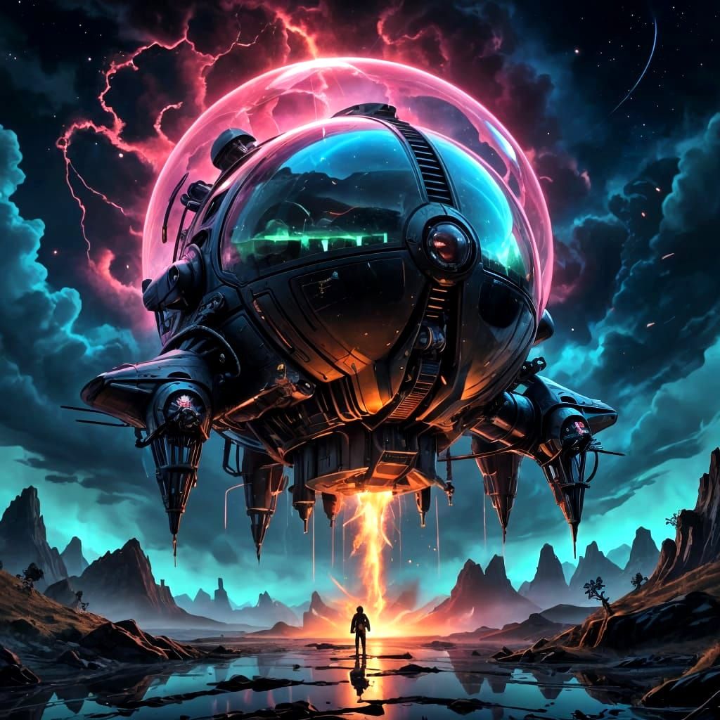 Spacecraft Fleets Clash with Rainbow Energy Shields