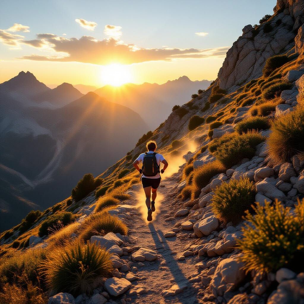 Figure Ascends Mountain Path at Dawn: Motivation and Drive