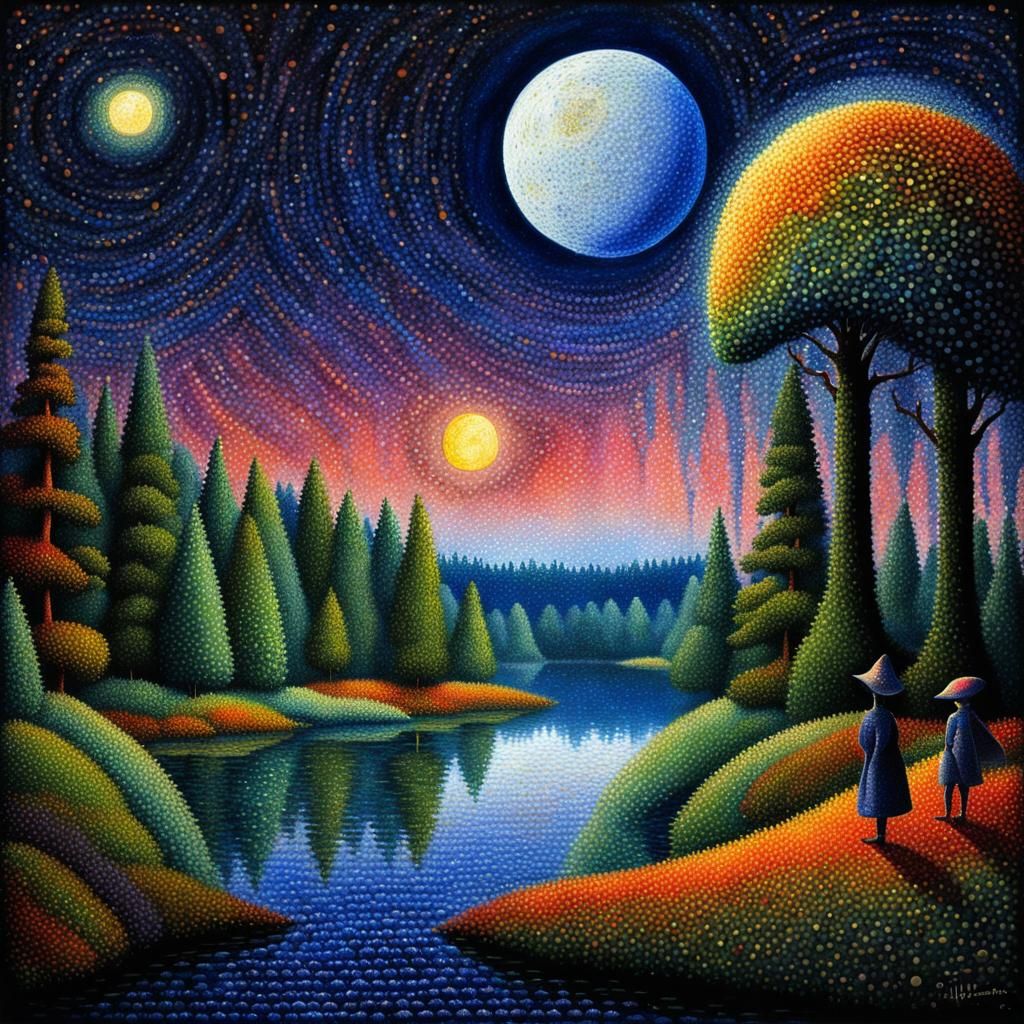 Pointillist Alien Moonscape With Girl by Lake