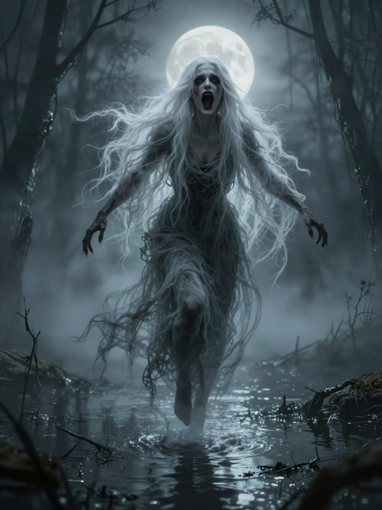 Eerie Banshee Screams in Moonlit Swamp