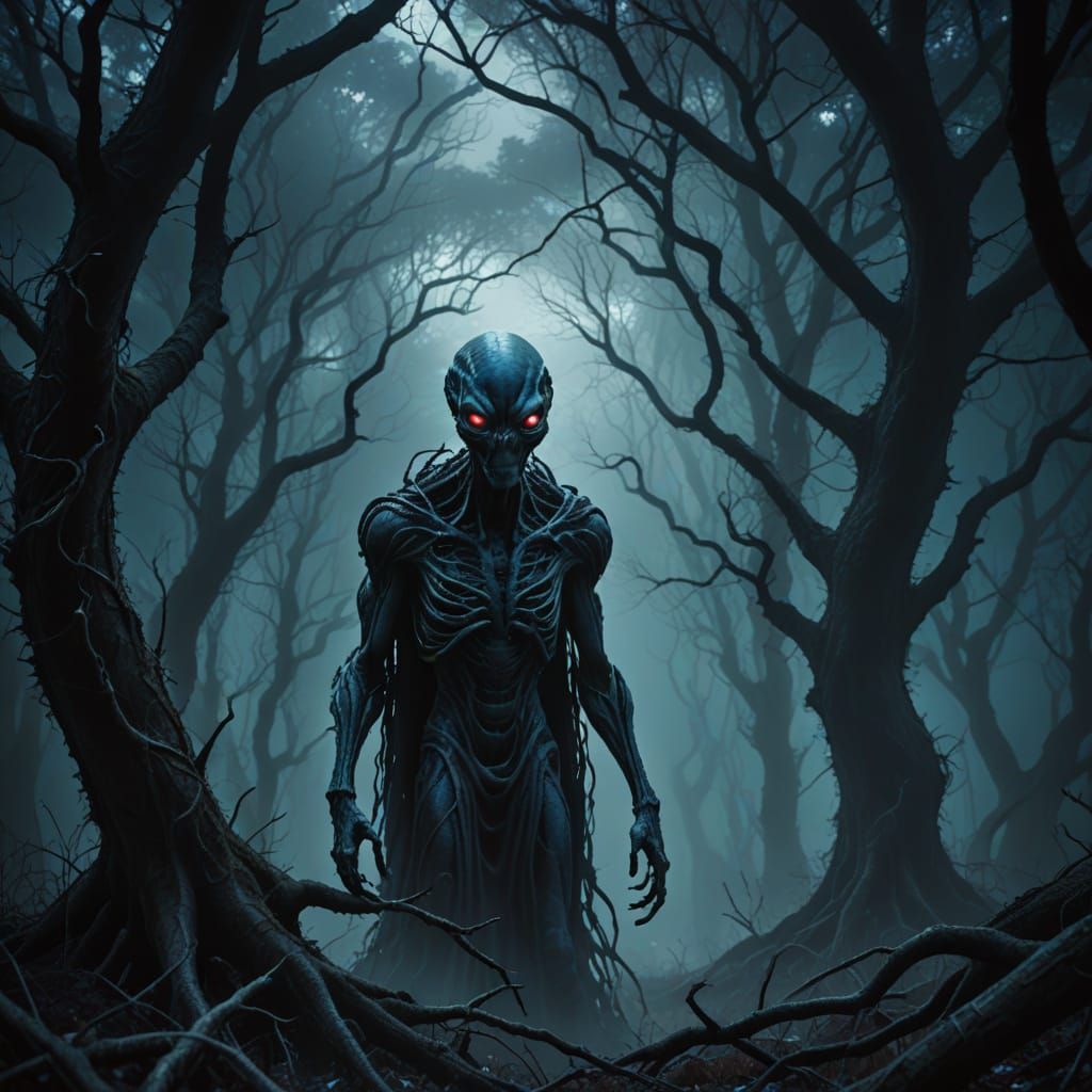 Ominous Alien in Dark Surreal Forest