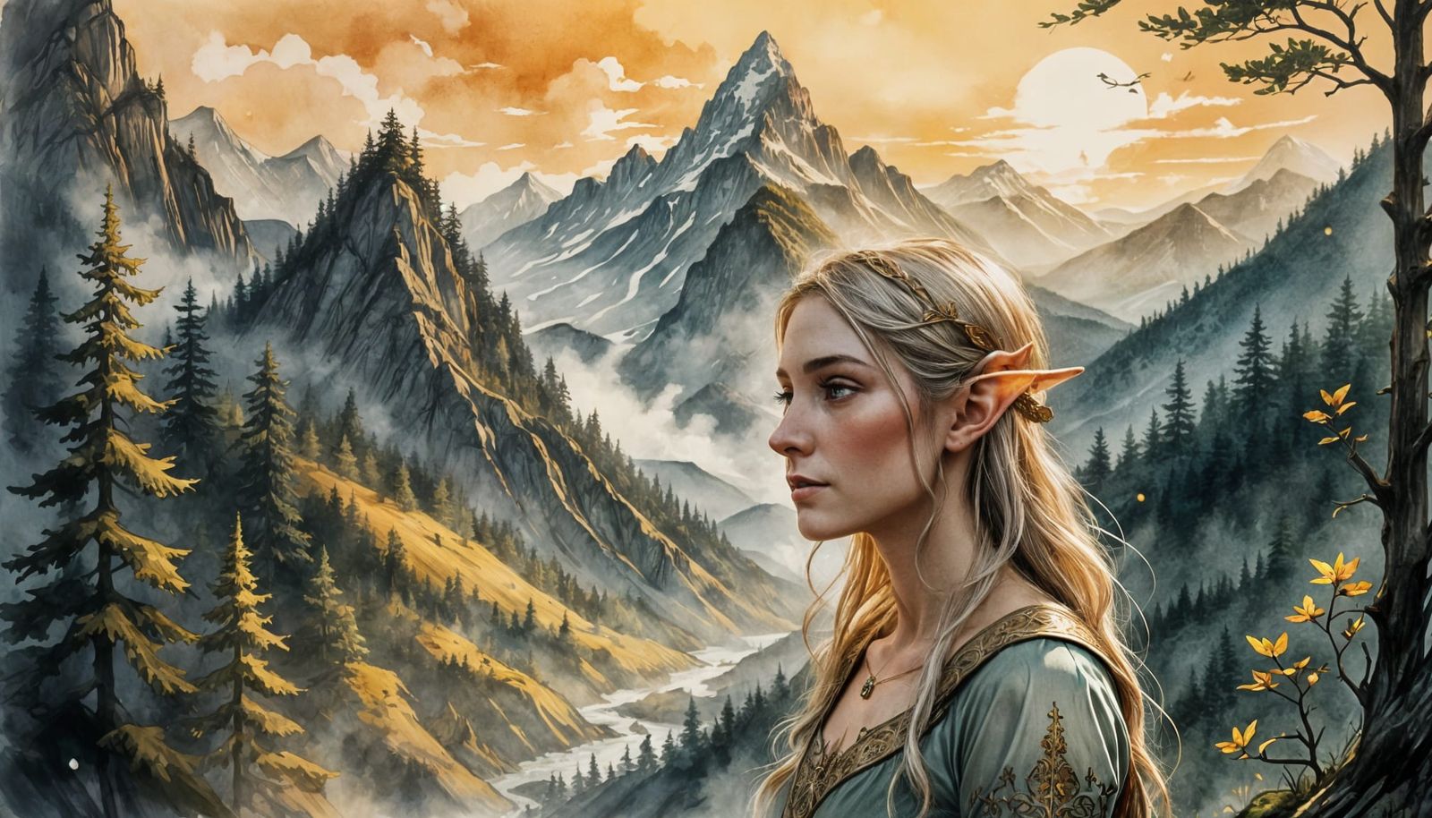 Elegant Elf in Mountain Forest at Sunset, Ink and Ash Style