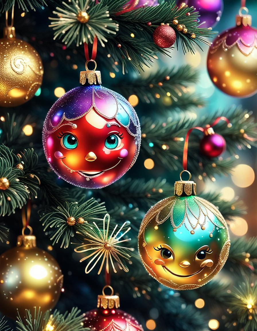 Grinning Baubles on Christmas Tree: Whimsical Digital Art