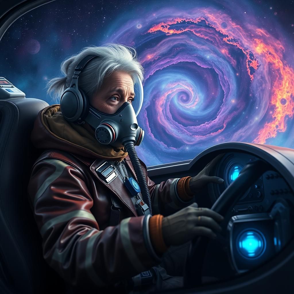 Elderly Pilot Soars Through Nebula in Futuristic Rocket