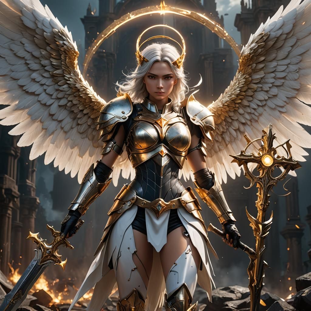 Battle Angel with Golden Halo and Wings