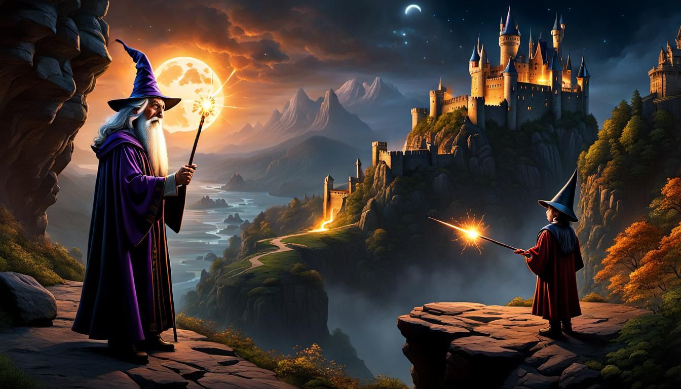 Wizard and Apprentice Casting Spells on Cliffside