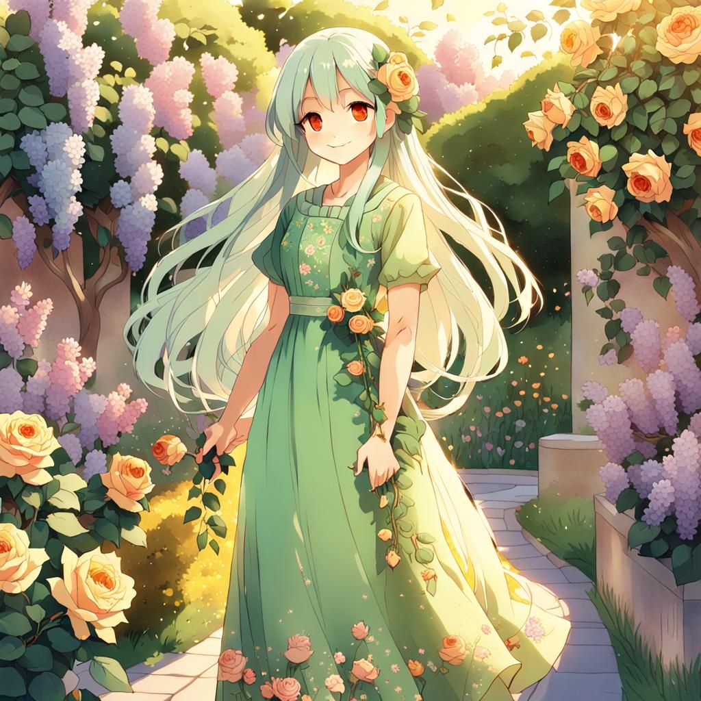 Anime Woman in Floral Garden with Pastel Colors