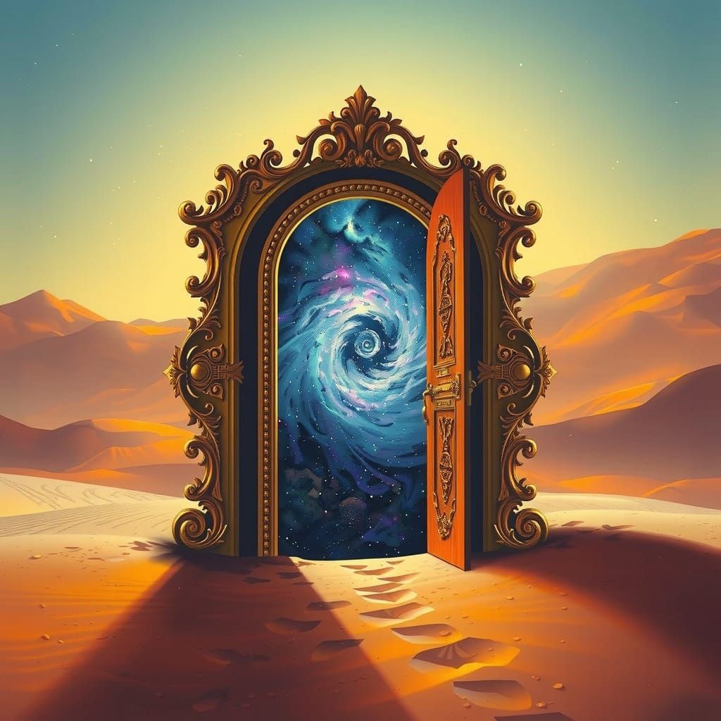 Ornate Doorway to Nebulae in Surreal Desert Landscape
