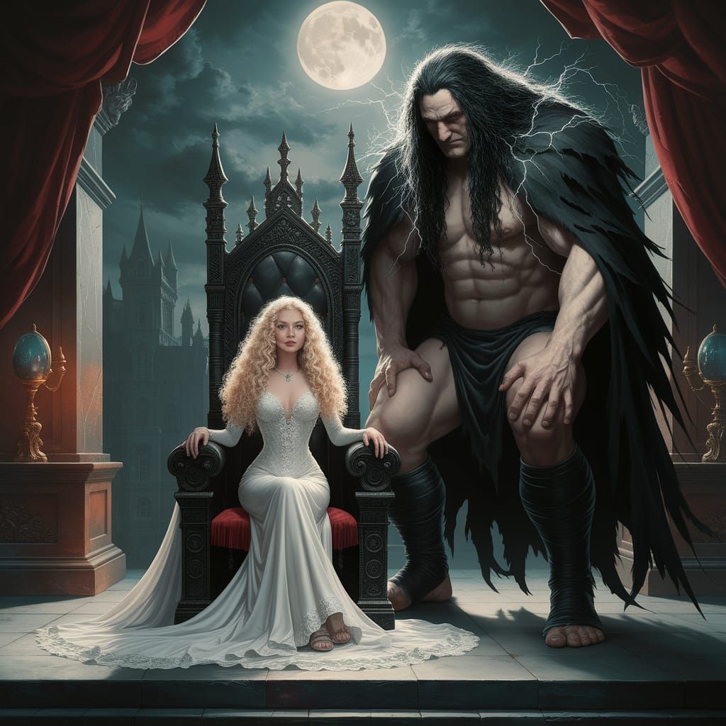 Blonde Woman and Giant on Thrones, Dark Fantasy Art