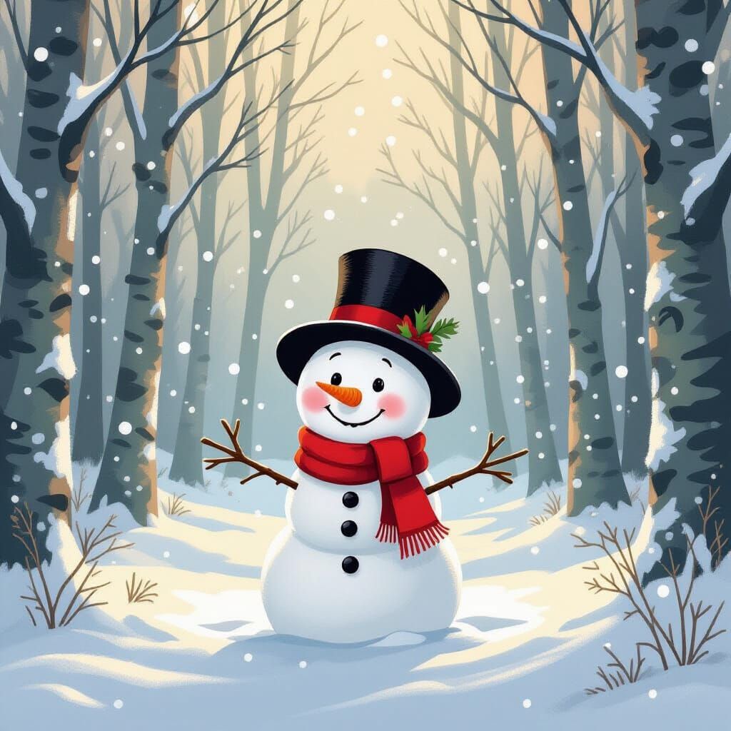 Whimsical Snow Boy Illustration in Snowy Forest