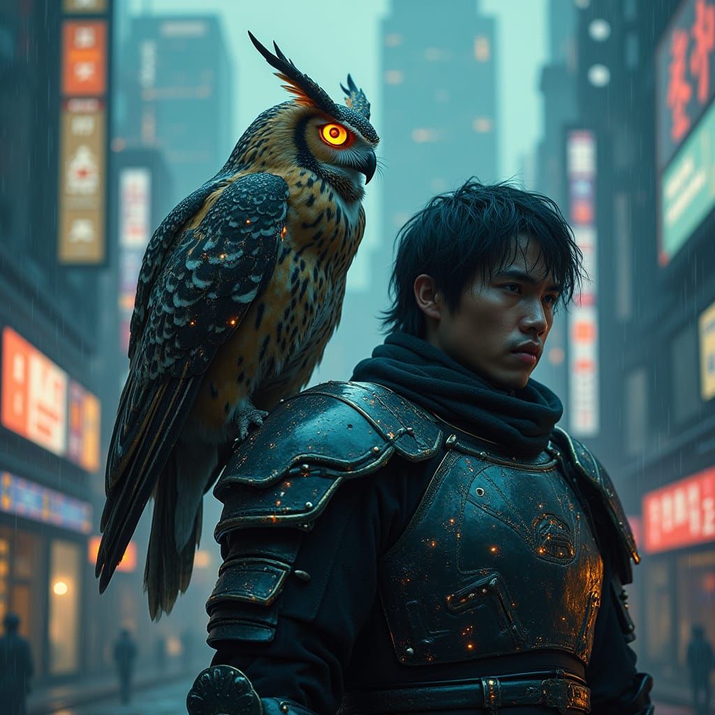 Cyberpunk Samurai with Robotic Owl in Neon Cityscape
