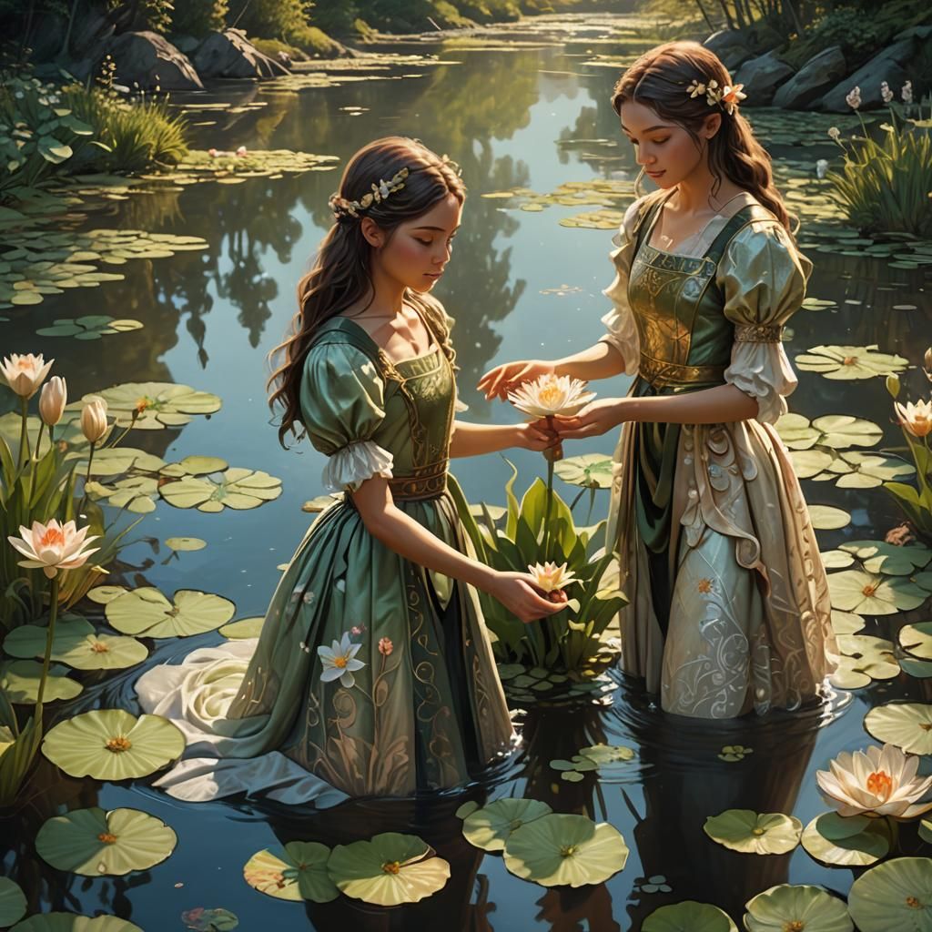 Fantasy River Scene with Girls and Hand Flower