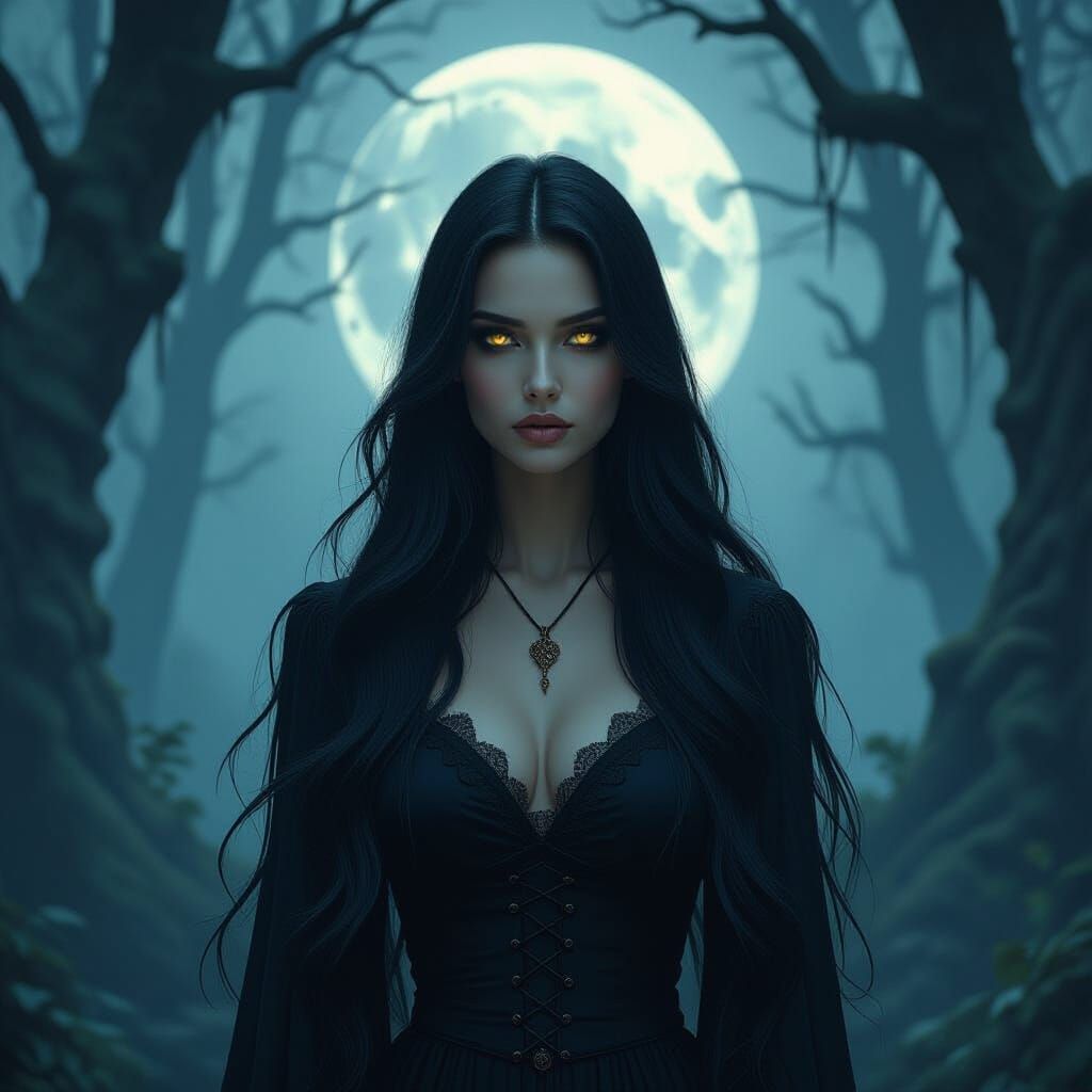 Ethereal Woman in Moonlit Gothic Forest