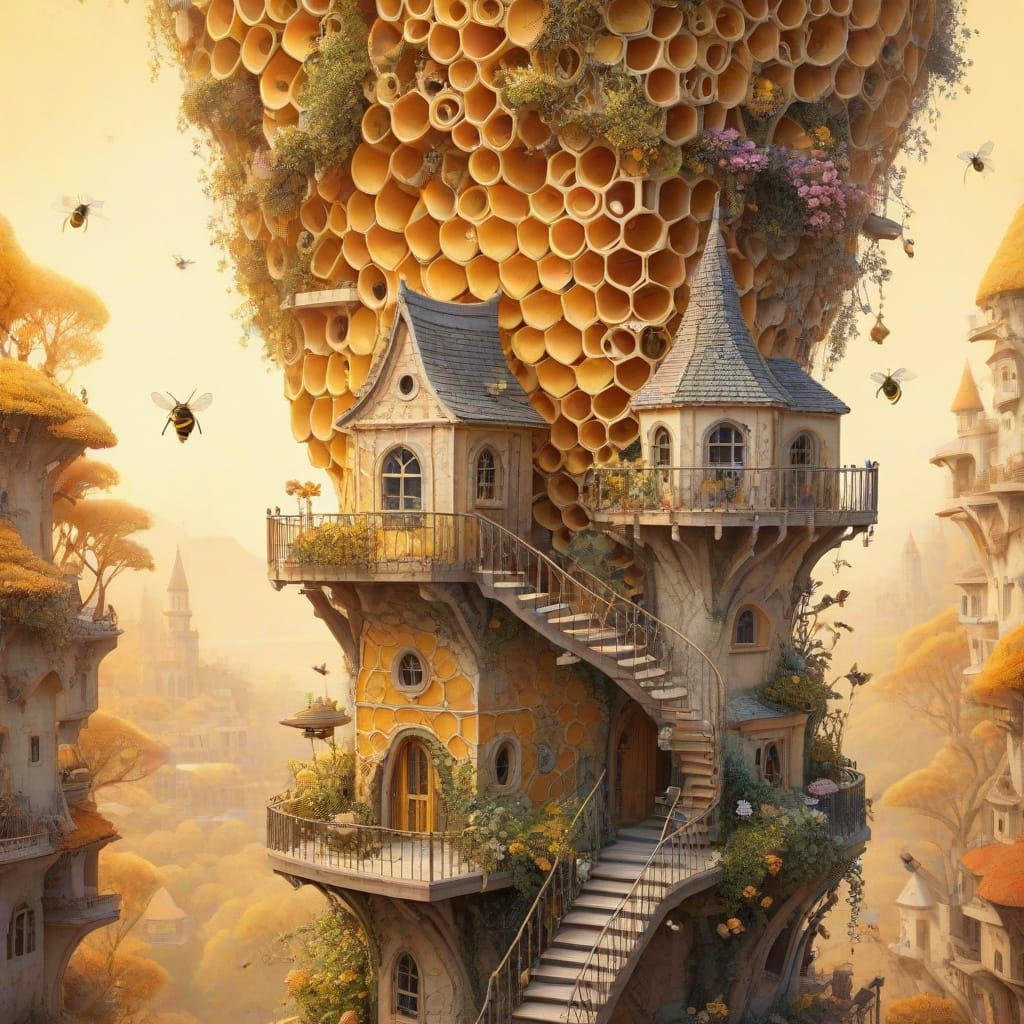 Charming Honeycomb Metropolis with Busy Bees