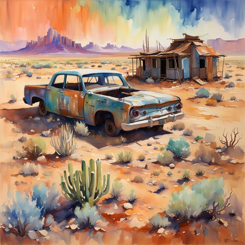 Desert Ghost Town Aurora in Watercolor Art