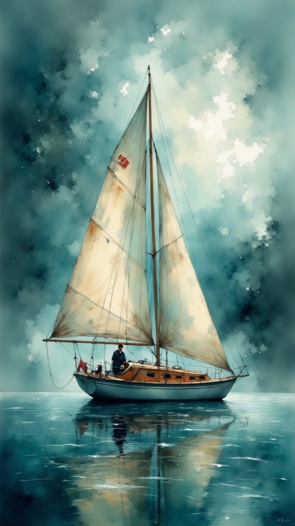 Stylized Sailing Boat in Stormy Mist