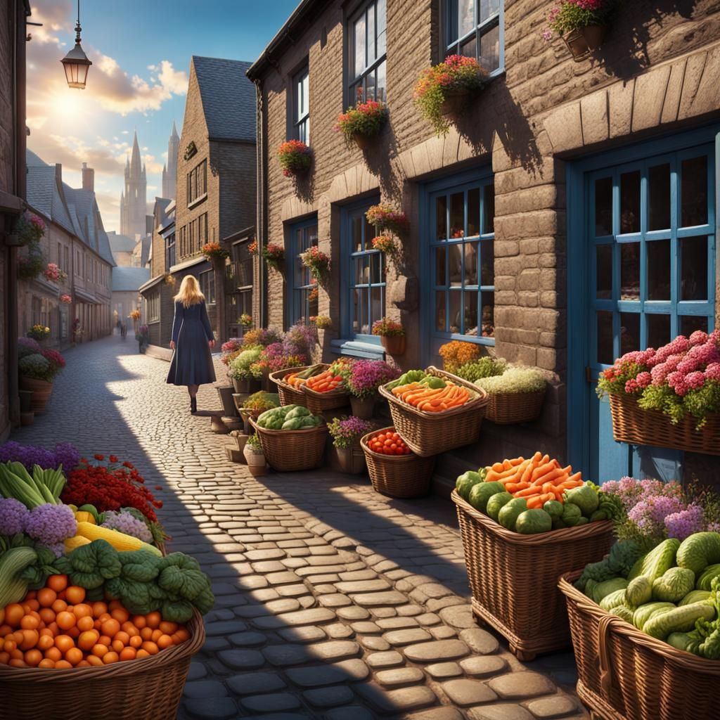 Picturesque English Market Scene with Woman