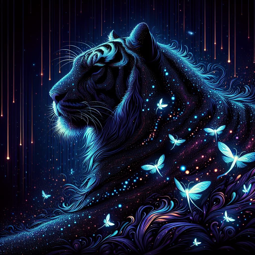Luminous Tiger Silhouette with Blue Fireflies
